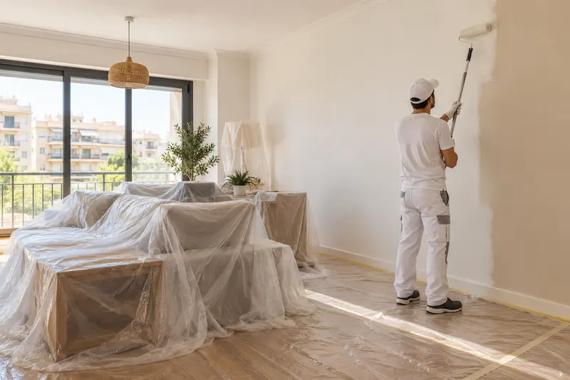 Pintor con ropa blanca pintando con rodillo la pared de un salón con el suelo protegido con plástico