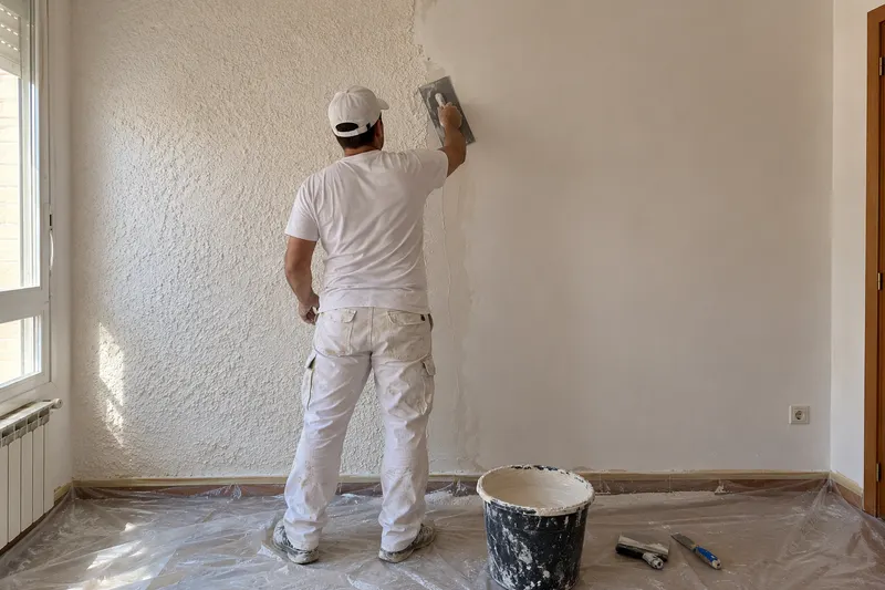 Pared a medio alisar: mitad con gotelé y mitad lisa mientras se aplica pasta con llana