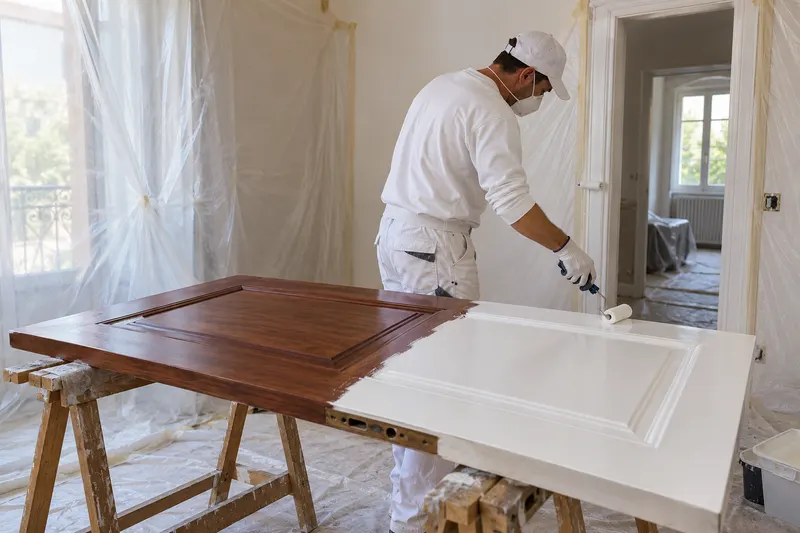 Puerta de madera a medio lacar en blanco sobre caballetes en una habitación protegida
