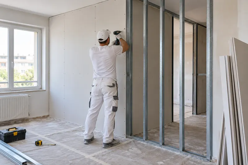 Profesional atornillando placas de pladur a una estructura metálica para un tabique nuevo