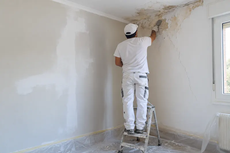 Pintor rascando pintura desconchada por humedad en la esquina de una habitación