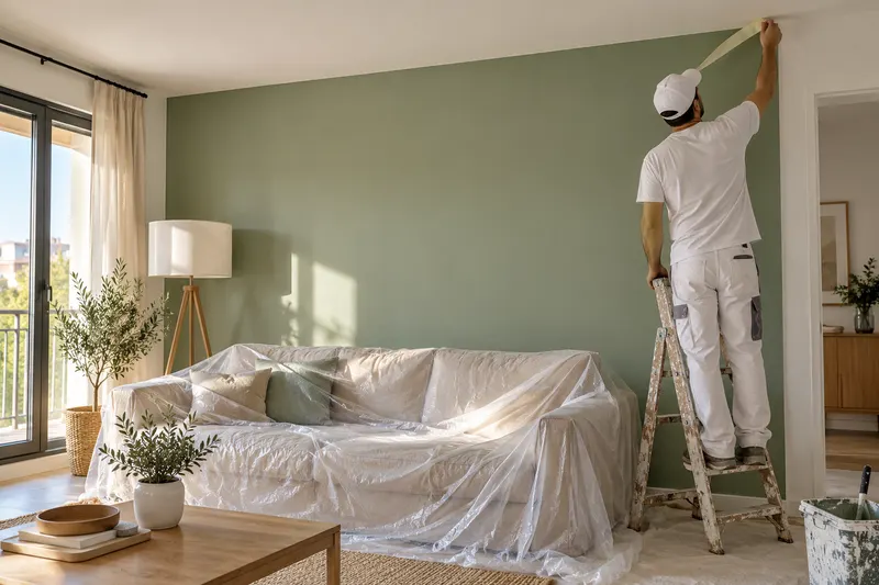 Pared de acento en verde salvia con una línea recta perfecta junto al techo blanco