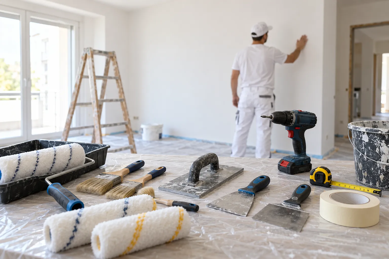 Herramientas ordenadas de pintura, alisado y pladur sobre una mesa de trabajo en un piso en renovación
