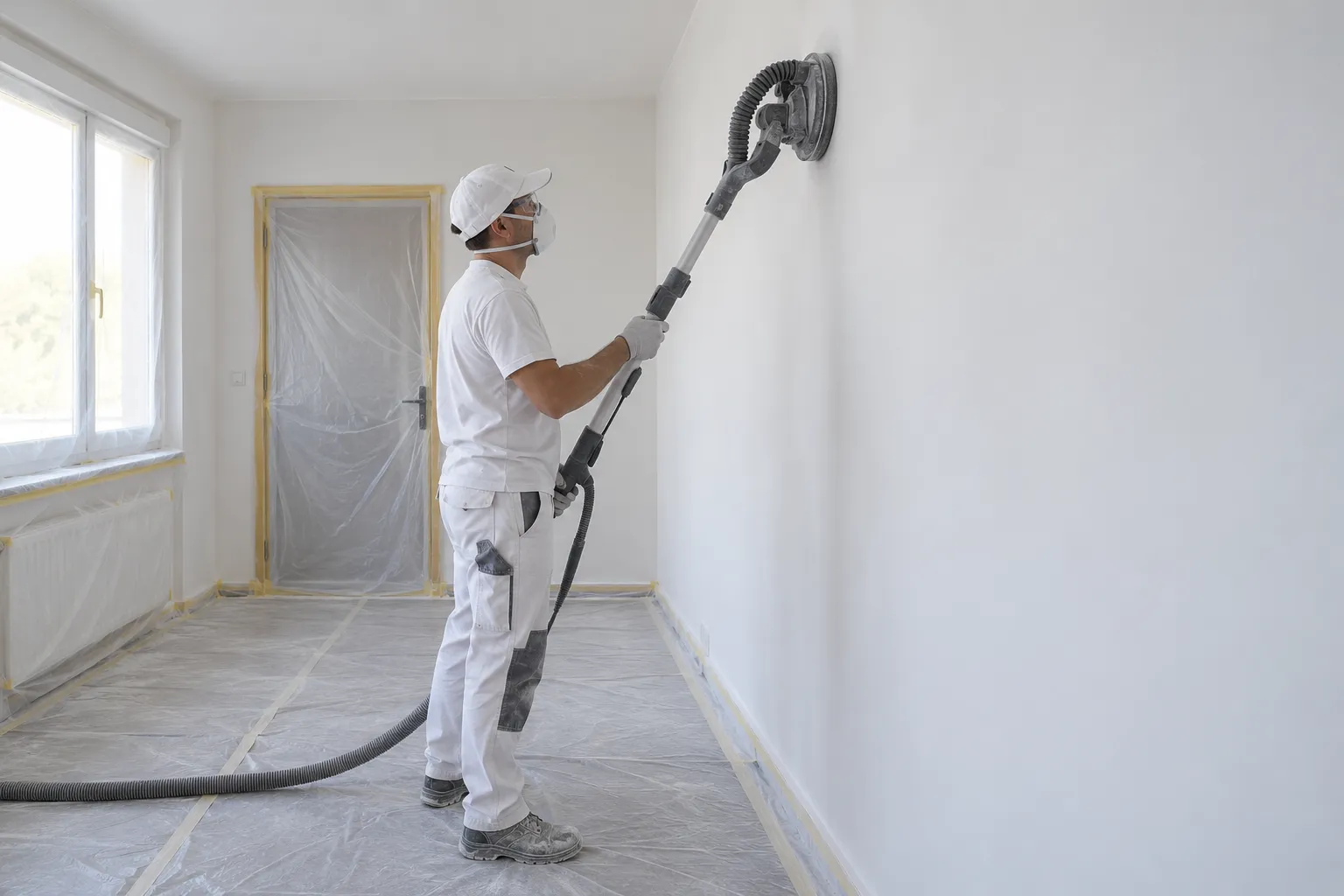 Pintor lijando una pared alisada con lijadora de pértiga en una habitación protegida