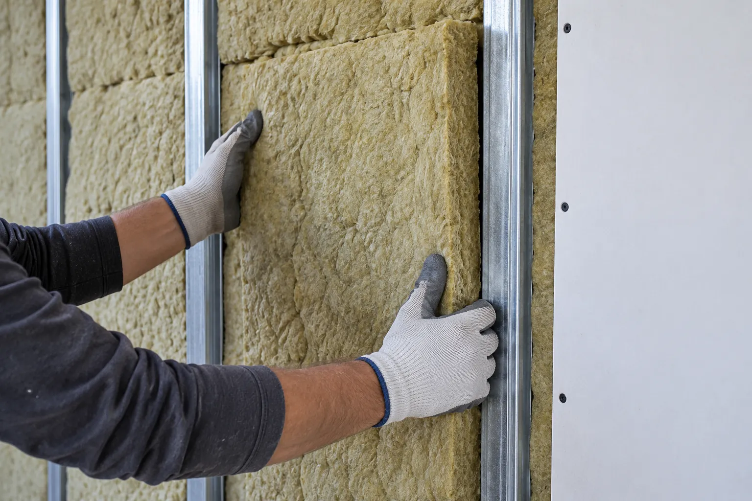 Paneles de lana mineral encajados entre perfiles metálicos de una pared
