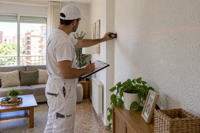 Pintor midiendo una pared con un metro láser durante la visita de presupuesto