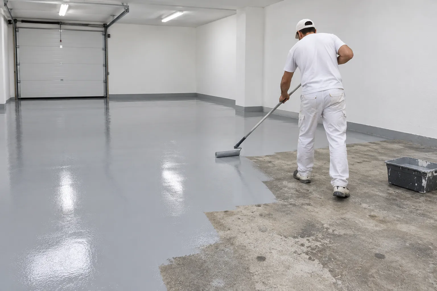 Suelo de garaje a medio pintar con pintura epoxi gris clara